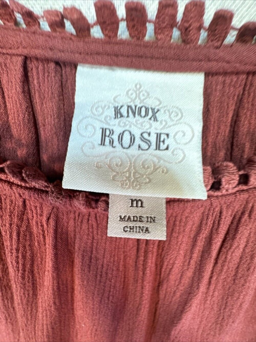 Knox Rose Womens Flowy Boho Peasant Blouse Size Medium Burnt Orange Crochet - Picture 9 of 13